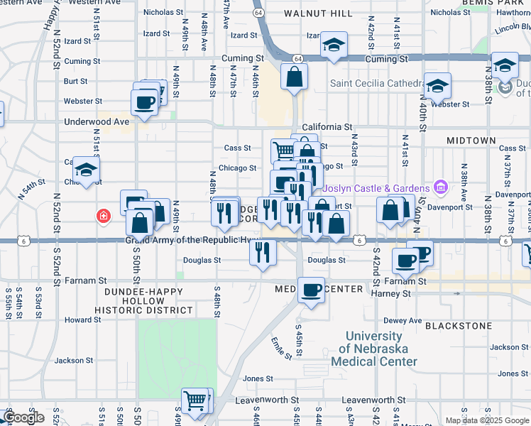 map of restaurants, bars, coffee shops, grocery stores, and more near 4524 U.S. 6 in Omaha