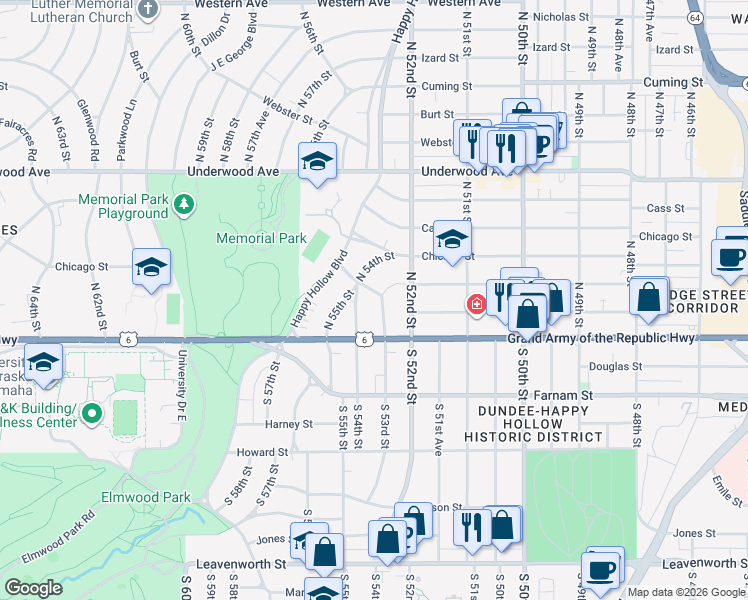 map of restaurants, bars, coffee shops, grocery stores, and more near 109 North 54th Street in Omaha