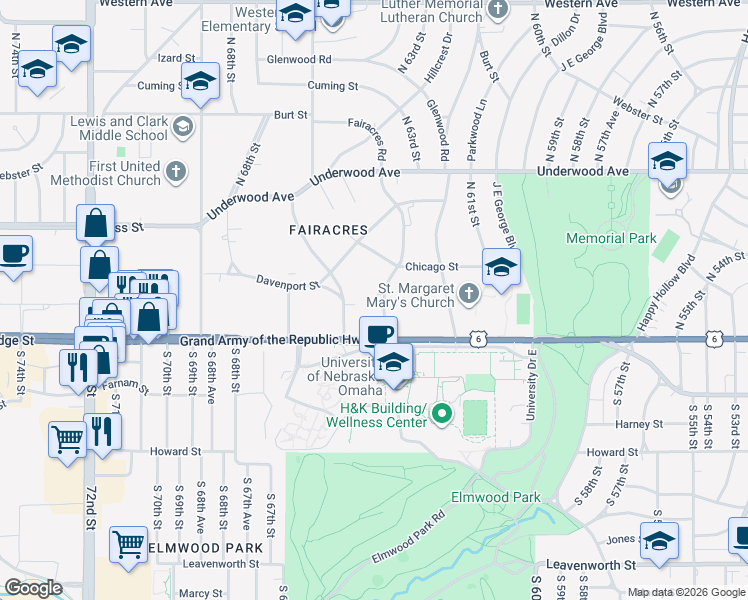 map of restaurants, bars, coffee shops, grocery stores, and more near 6418 Capitol Plaza in Omaha