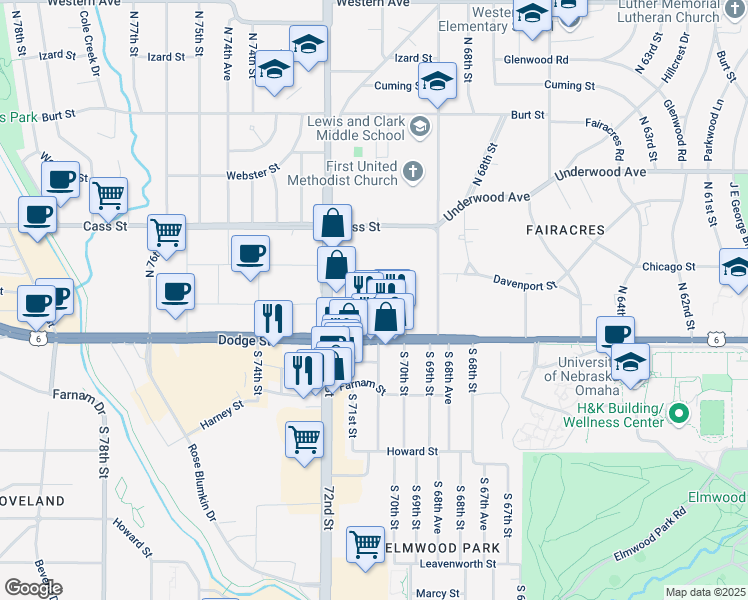 map of restaurants, bars, coffee shops, grocery stores, and more near 7110 Dodge Street in Omaha