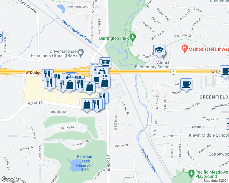 map of restaurants, bars, coffee shops, grocery stores, and more near 16602 Capitol Plaza in Omaha