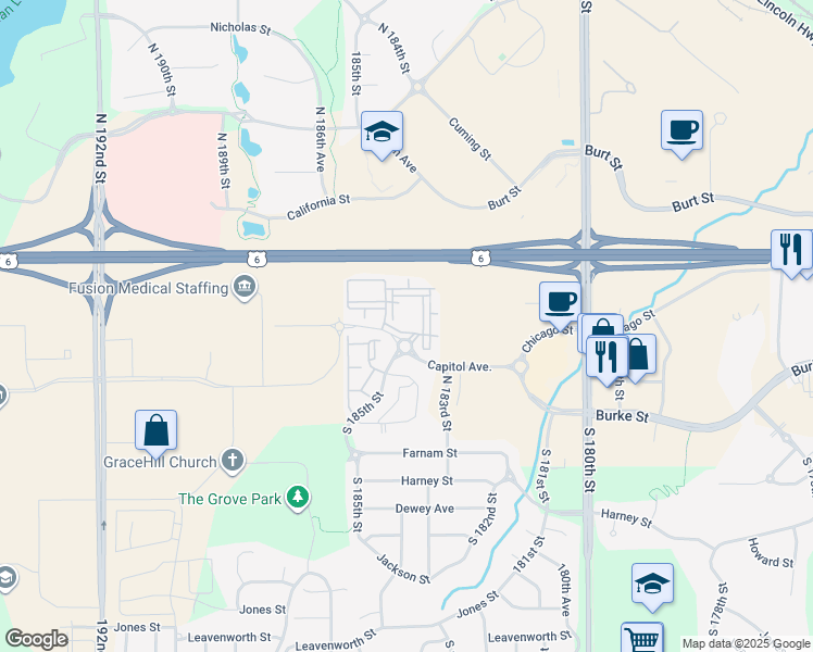 map of restaurants, bars, coffee shops, grocery stores, and more near 18510 Capitol Court in Omaha