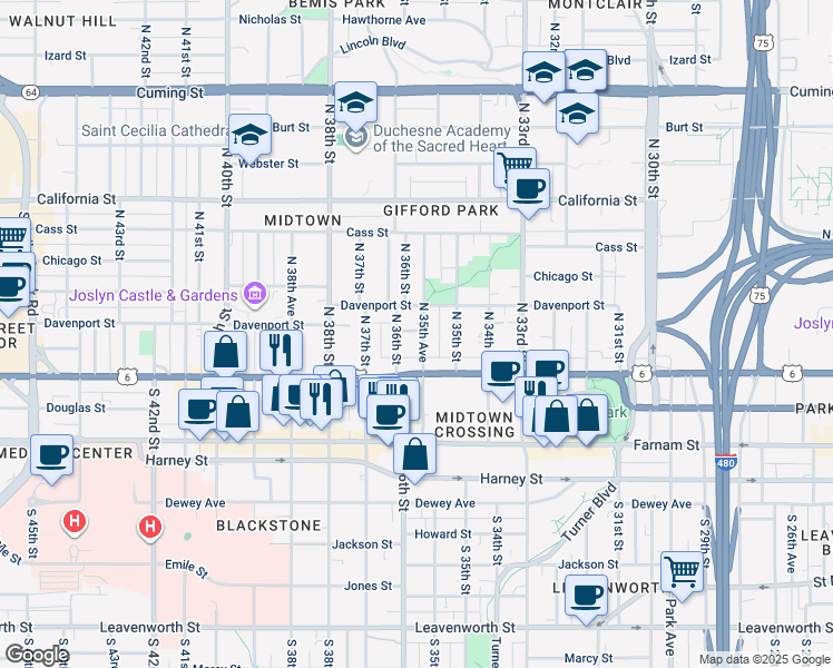 map of restaurants, bars, coffee shops, grocery stores, and more near 118 North 35th Avenue in Omaha