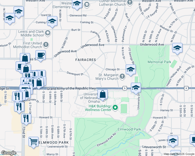 map of restaurants, bars, coffee shops, grocery stores, and more near 6418 Capitol Plaza in Omaha