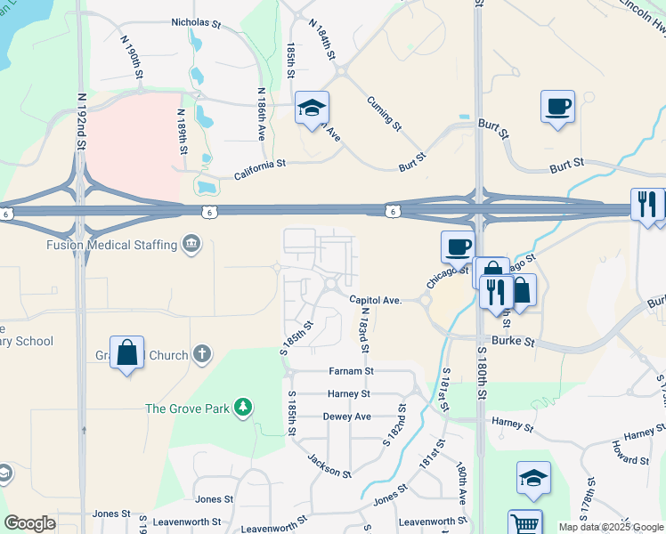 map of restaurants, bars, coffee shops, grocery stores, and more near 18510 Capitol Court in Omaha