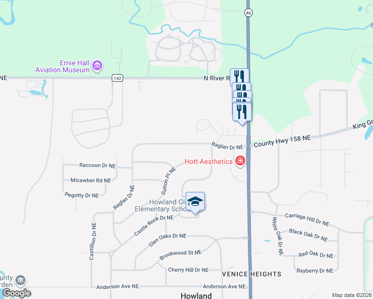 map of restaurants, bars, coffee shops, grocery stores, and more near 7903 Sutton Place Northeast in Warren