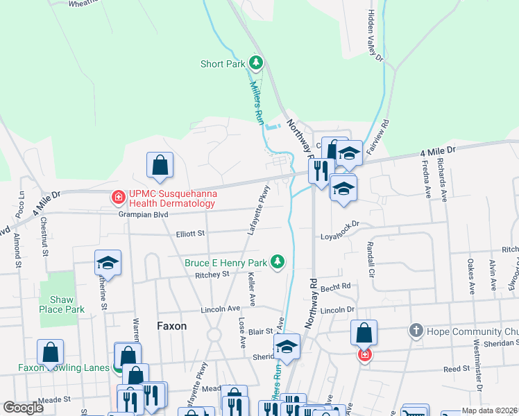map of restaurants, bars, coffee shops, grocery stores, and more near 1600 Grampian Boulevard in Williamsport