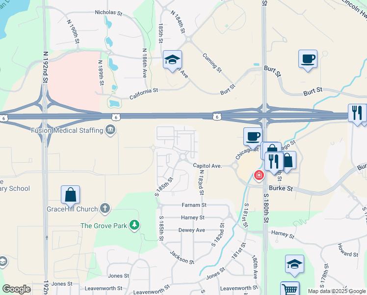 map of restaurants, bars, coffee shops, grocery stores, and more near 18510 Capitol Court in Omaha