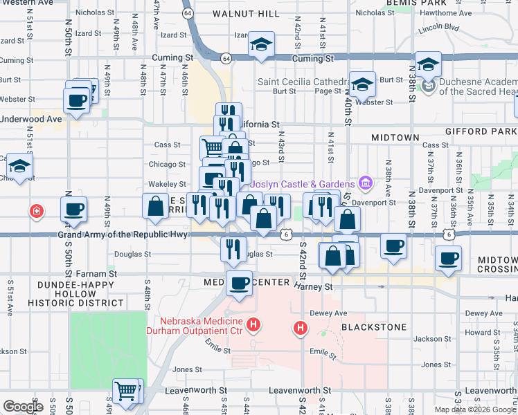 map of restaurants, bars, coffee shops, grocery stores, and more near 4355 Davenport Street in Omaha