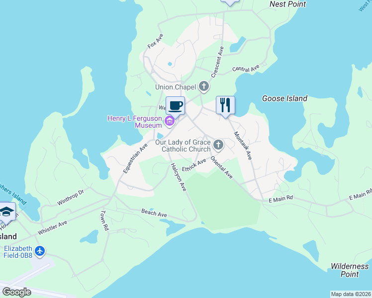 map of restaurants, bars, coffee shops, grocery stores, and more near 477 Ettrick Avenue in Fishers Island