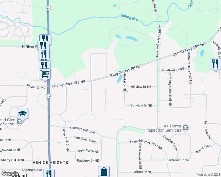 map of restaurants, bars, coffee shops, grocery stores, and more near 8925 Stetson Drive Northeast in Warren