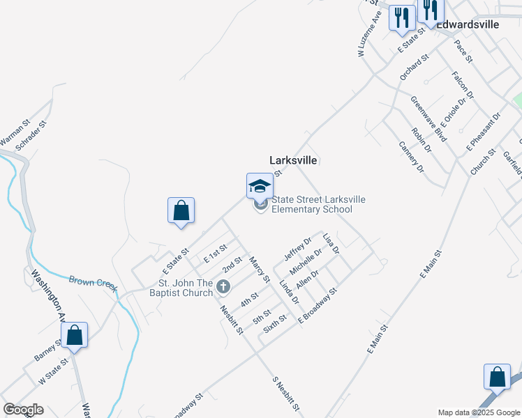 map of restaurants, bars, coffee shops, grocery stores, and more near 355 East State Street in Larksville