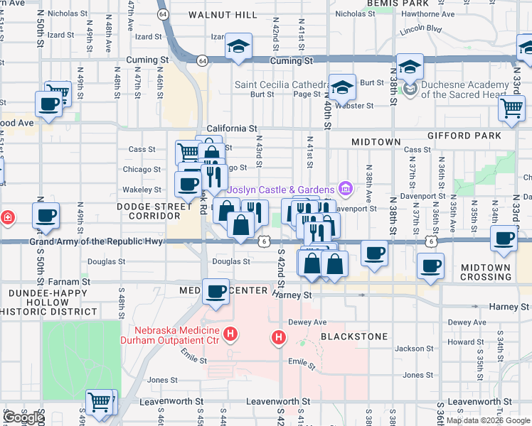 map of restaurants, bars, coffee shops, grocery stores, and more near 124 North 42nd Street in Omaha