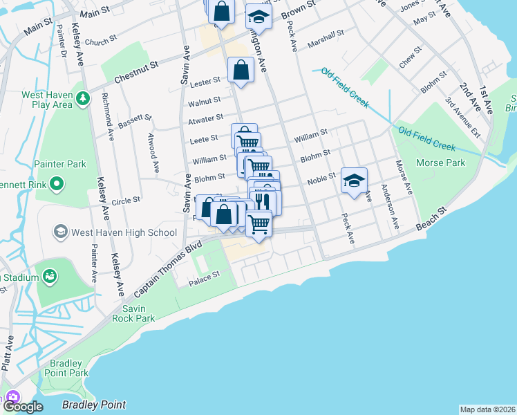 map of restaurants, bars, coffee shops, grocery stores, and more near 116 Campbell Avenue in West Haven