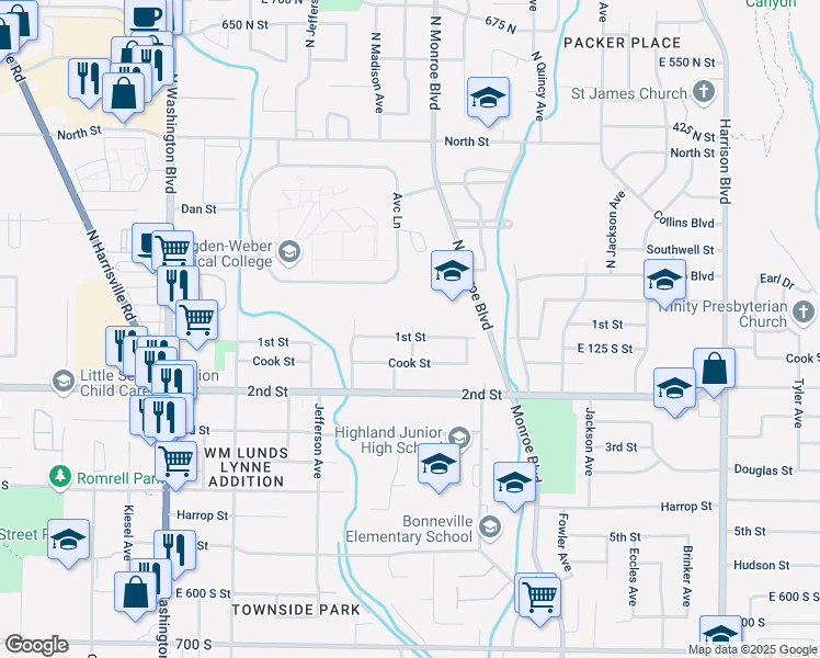 map of restaurants, bars, coffee shops, grocery stores, and more near 112 Madison Avenue in Ogden
