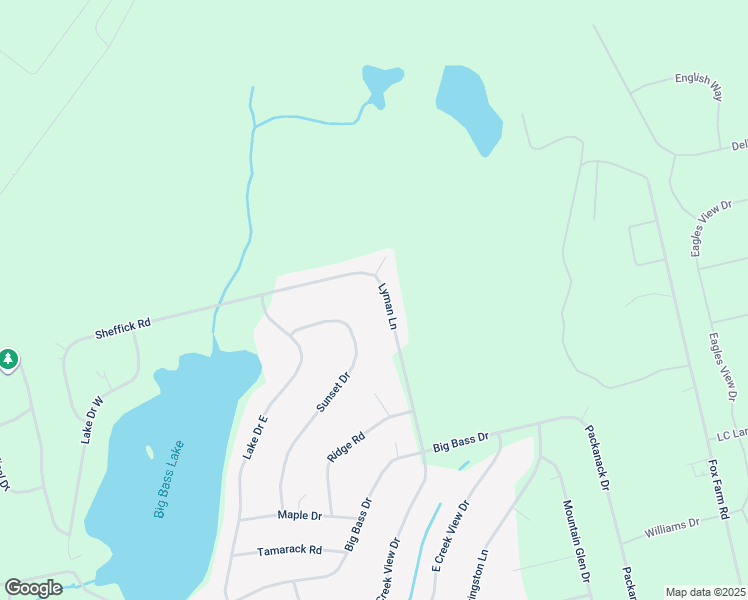 map of restaurants, bars, coffee shops, grocery stores, and more near 73 Lyman Lane in Big Bass Lake