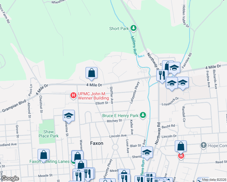 map of restaurants, bars, coffee shops, grocery stores, and more near 1440-1498 Grampian Boulevard in Williamsport