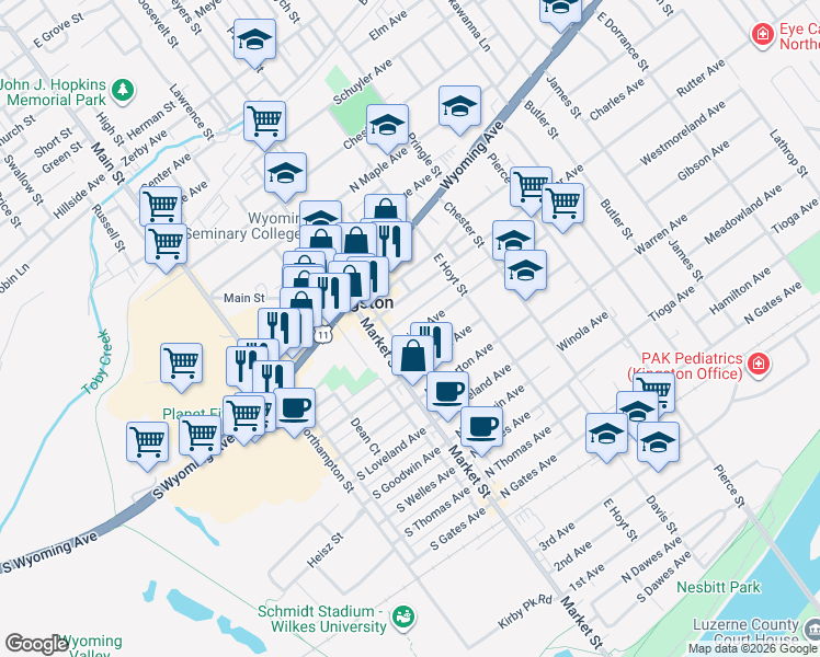 map of restaurants, bars, coffee shops, grocery stores, and more near 212 Wright Avenue in Kingston