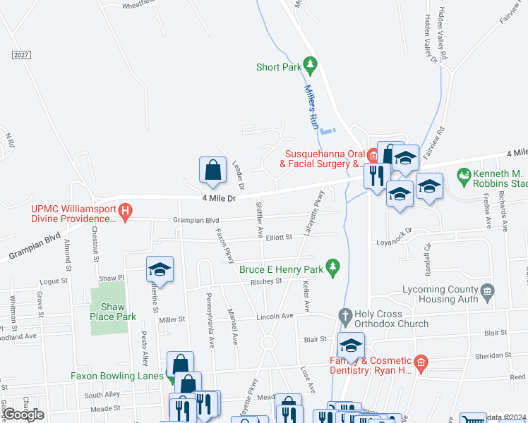 map of restaurants, bars, coffee shops, grocery stores, and more near 1820 Shiffler Avenue in Williamsport