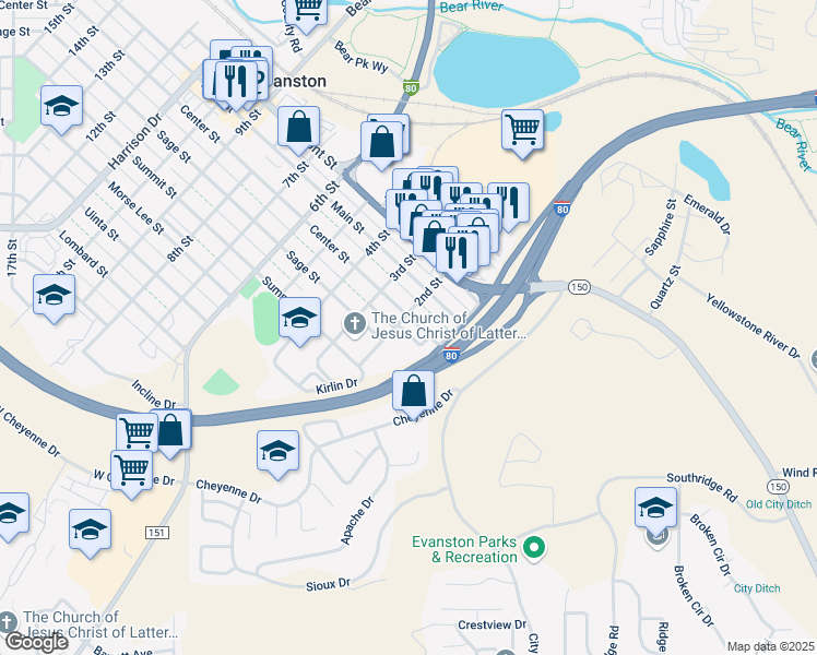 map of restaurants, bars, coffee shops, grocery stores, and more near 101-199 Sherman Way in Evanston