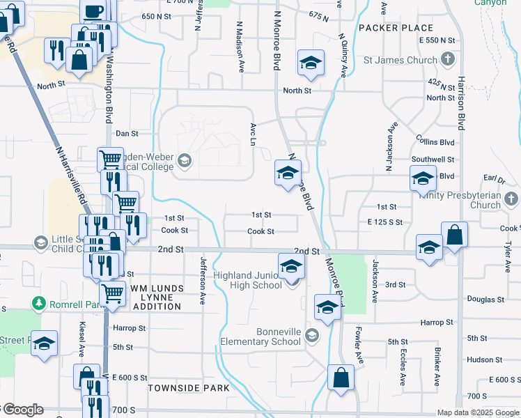 map of restaurants, bars, coffee shops, grocery stores, and more near 112 Madison Avenue in Ogden