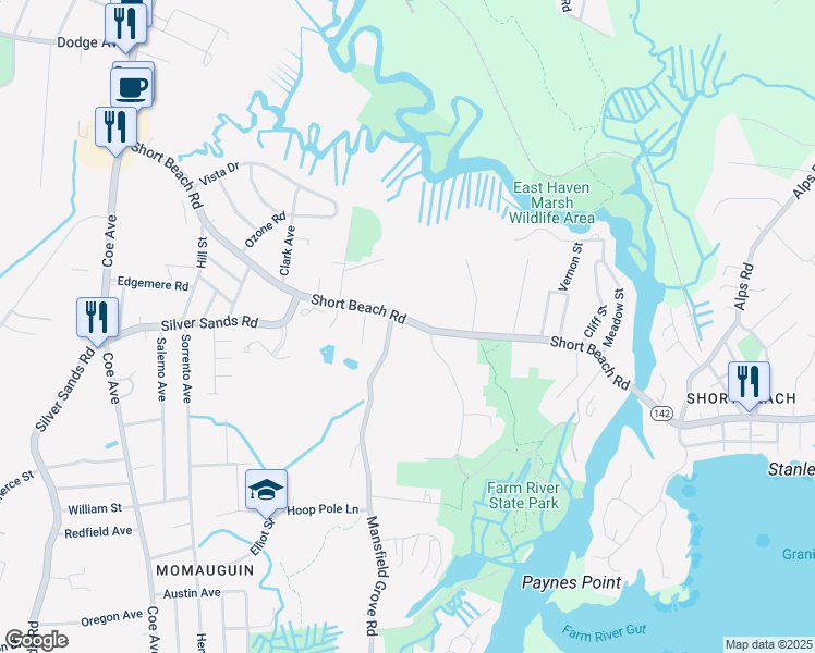 map of restaurants, bars, coffee shops, grocery stores, and more near 190 Short Beach Road in East Haven