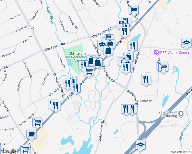 map of restaurants, bars, coffee shops, grocery stores, and more near 264 Old Lambert Road in Orange