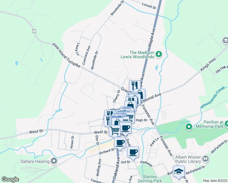 map of restaurants, bars, coffee shops, grocery stores, and more near 7 Ridgeway Drive in Warwick
