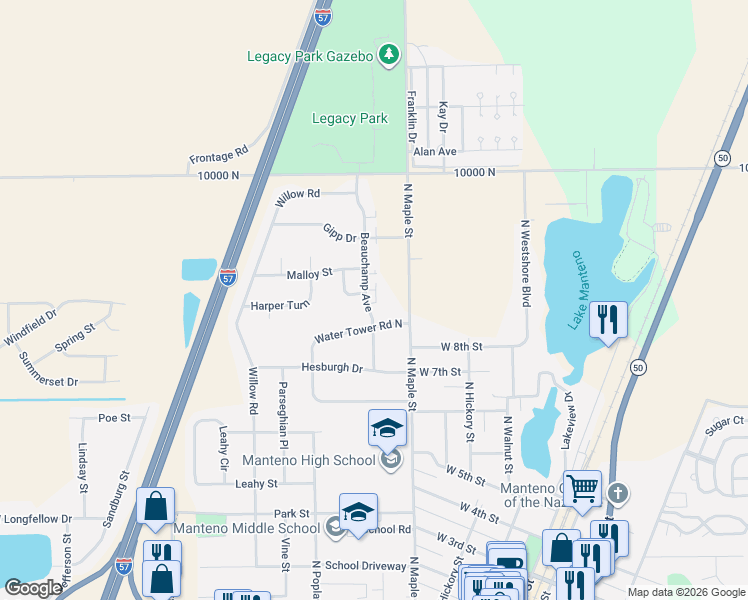 map of restaurants, bars, coffee shops, grocery stores, and more near 443 Water Tower Road North in Manteno