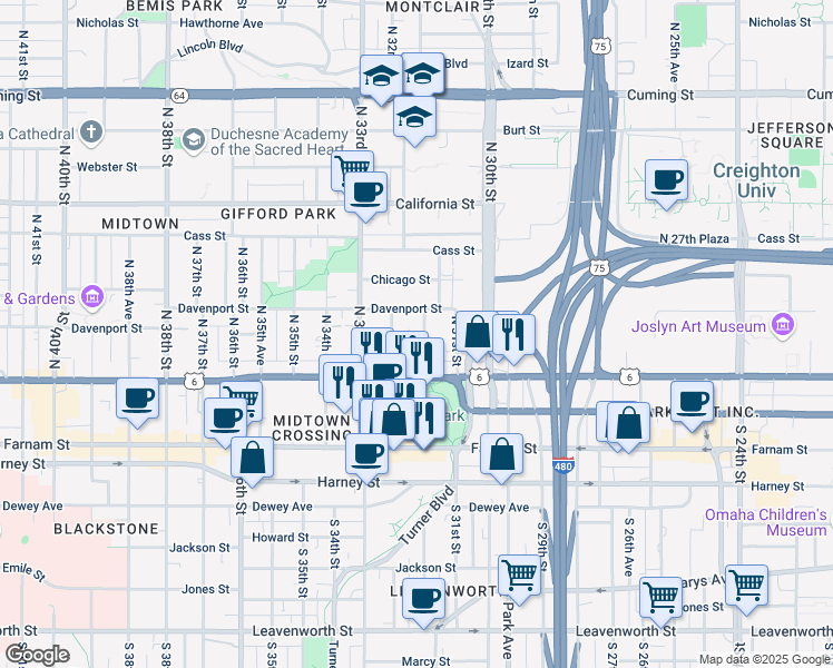 map of restaurants, bars, coffee shops, grocery stores, and more near 120 North 31st Avenue in Omaha