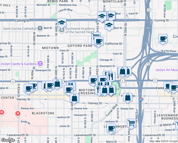 map of restaurants, bars, coffee shops, grocery stores, and more near 125 North 34th Street in Omaha