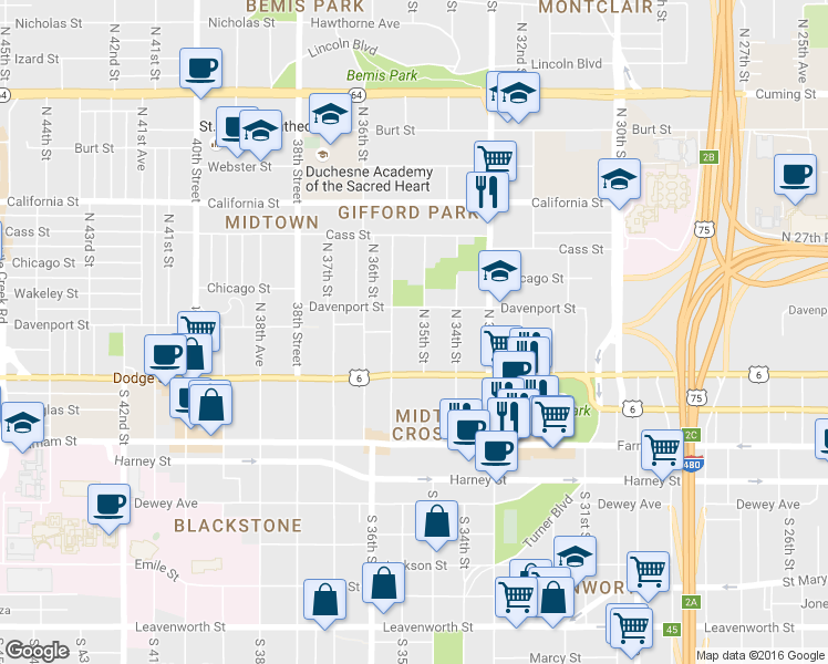 map of restaurants, bars, coffee shops, grocery stores, and more near 119 North 35th Street in Omaha