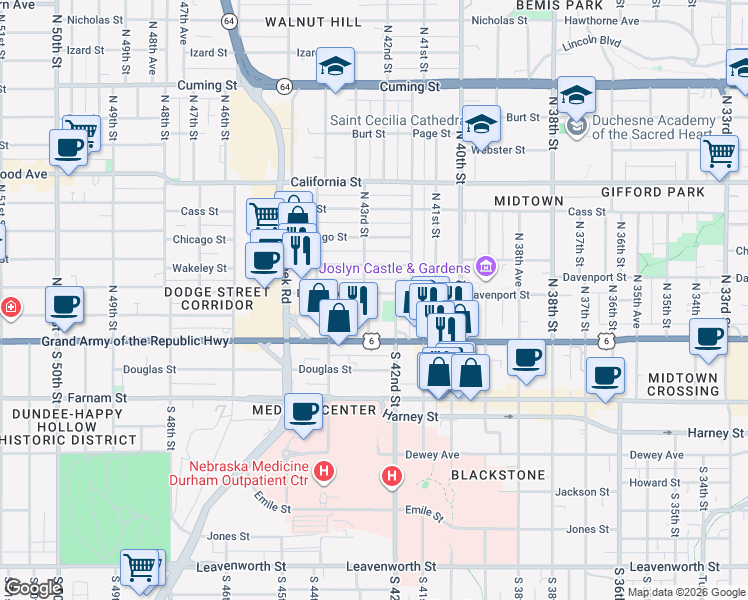 map of restaurants, bars, coffee shops, grocery stores, and more near 124 North 42nd Street in Omaha
