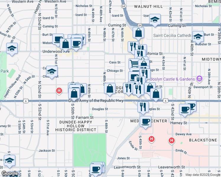 map of restaurants, bars, coffee shops, grocery stores, and more near 4748 Capitol Avenue in Omaha