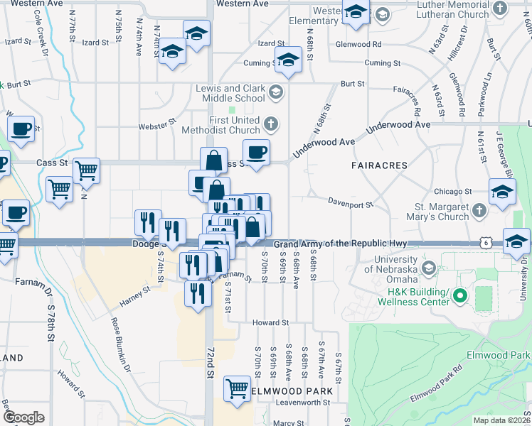 map of restaurants, bars, coffee shops, grocery stores, and more near 7010 Dodge Street in Omaha
