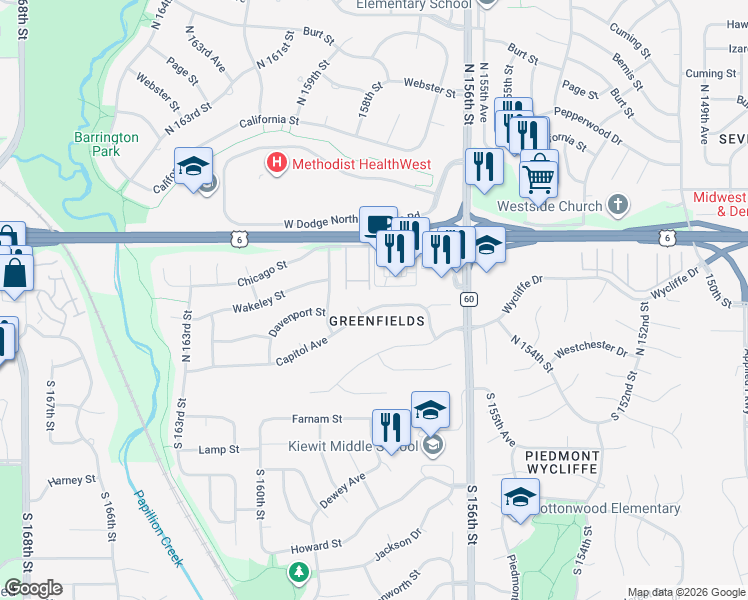 map of restaurants, bars, coffee shops, grocery stores, and more near in Omaha