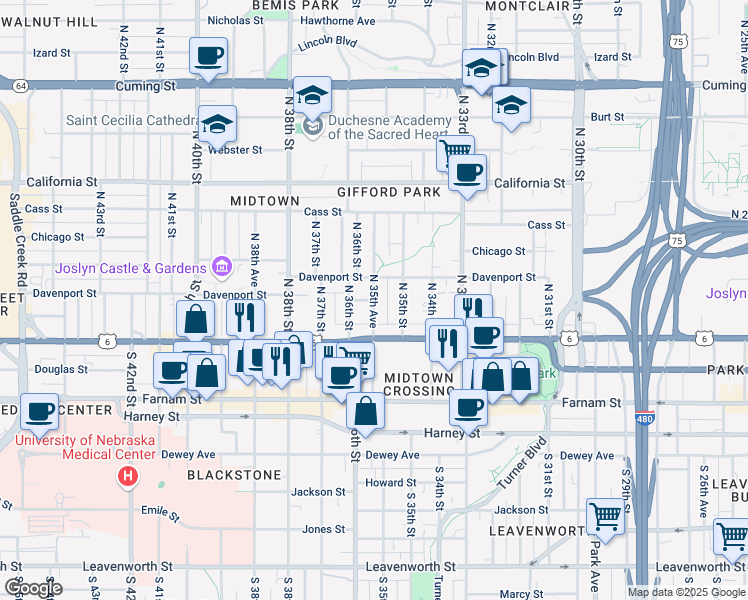 map of restaurants, bars, coffee shops, grocery stores, and more near Capital Avenue in Omaha