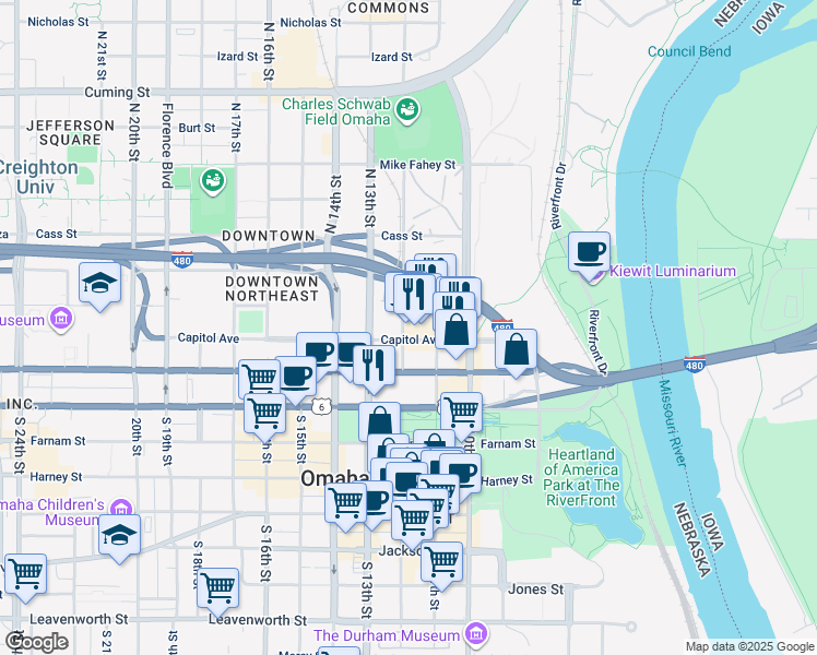 map of restaurants, bars, coffee shops, grocery stores, and more near 225 North 12th Street in Omaha