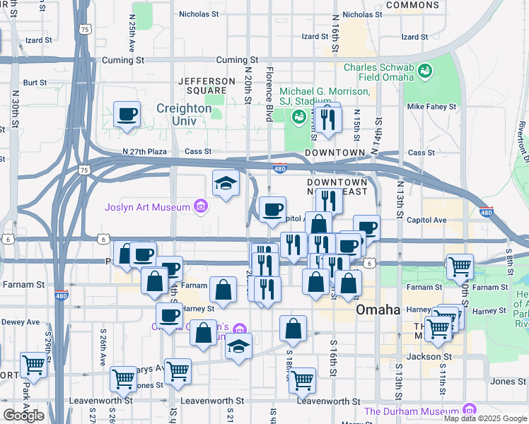 map of restaurants, bars, coffee shops, grocery stores, and more near 202 North 19th Street in Omaha