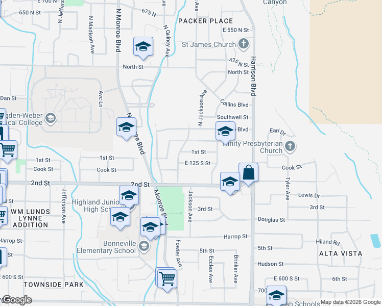 map of restaurants, bars, coffee shops, grocery stores, and more near 985 1st Street in Ogden