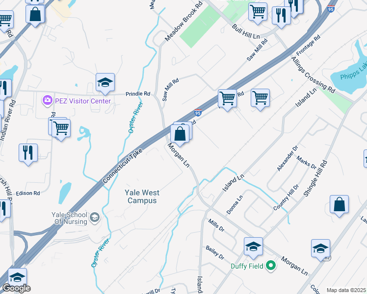 map of restaurants, bars, coffee shops, grocery stores, and more near 388 Morgan Lane in West Haven