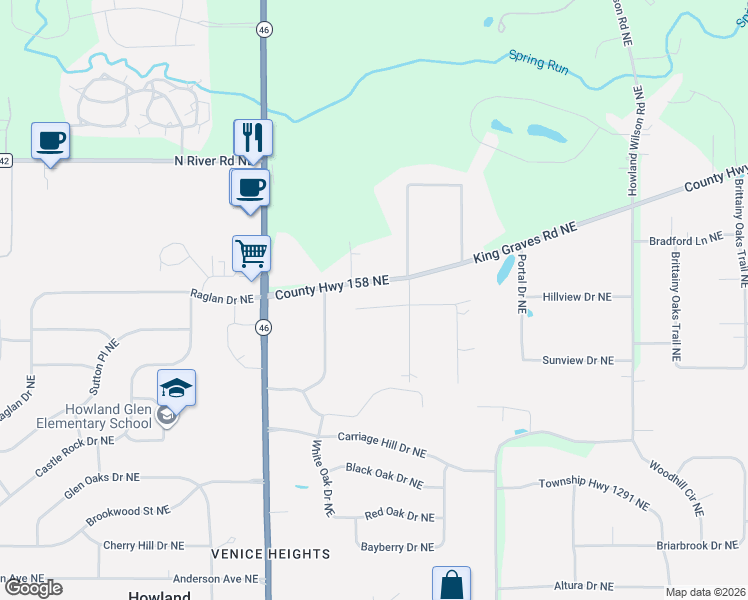 map of restaurants, bars, coffee shops, grocery stores, and more near 8655 Stetson Drive Northeast in Warren