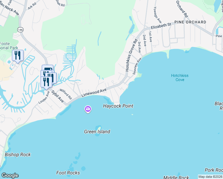 map of restaurants, bars, coffee shops, grocery stores, and more near 17 West Haycock Point Road in Branford