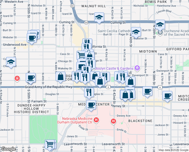 map of restaurants, bars, coffee shops, grocery stores, and more near 4408 Capitol Avenue in Omaha