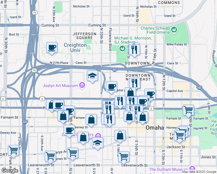 map of restaurants, bars, coffee shops, grocery stores, and more near 202 North 19th Street in Omaha