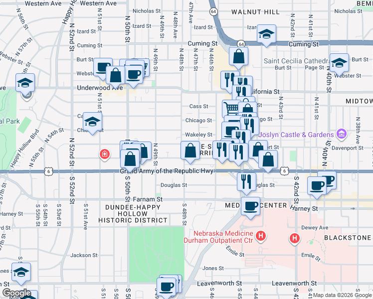 map of restaurants, bars, coffee shops, grocery stores, and more near 4748 Capitol Avenue in Omaha
