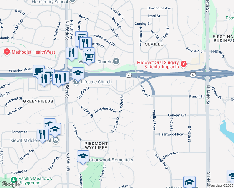 map of restaurants, bars, coffee shops, grocery stores, and more near 15212 Wycliffe Drive in Omaha