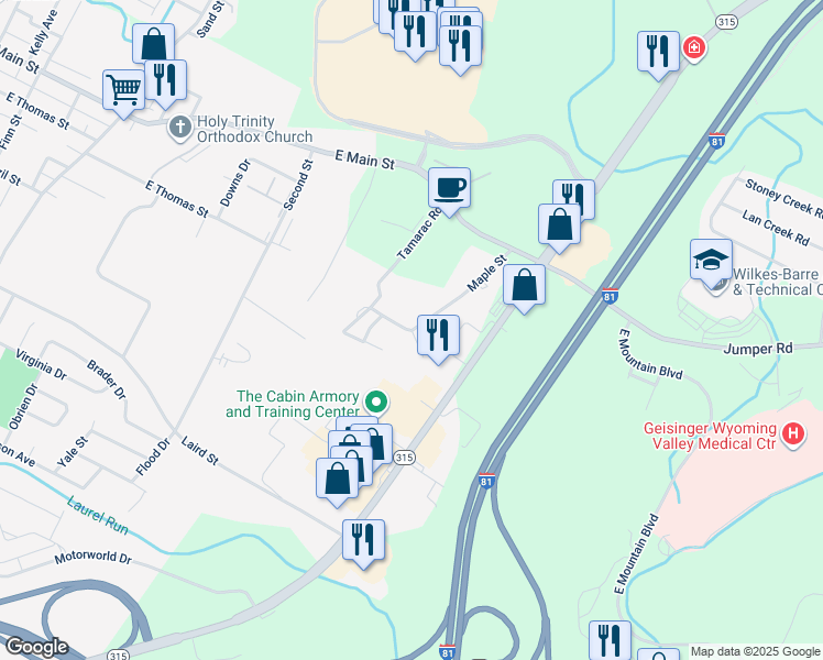 map of restaurants, bars, coffee shops, grocery stores, and more near 1003 Charles Street in Wilkes-Barre