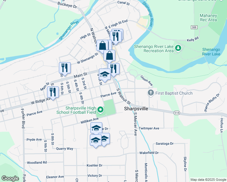 map of restaurants, bars, coffee shops, grocery stores, and more near 24 Pierce Avenue in Sharpsville
