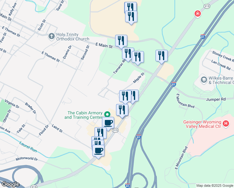 map of restaurants, bars, coffee shops, grocery stores, and more near 1019 Charles Street in Wilkes-Barre